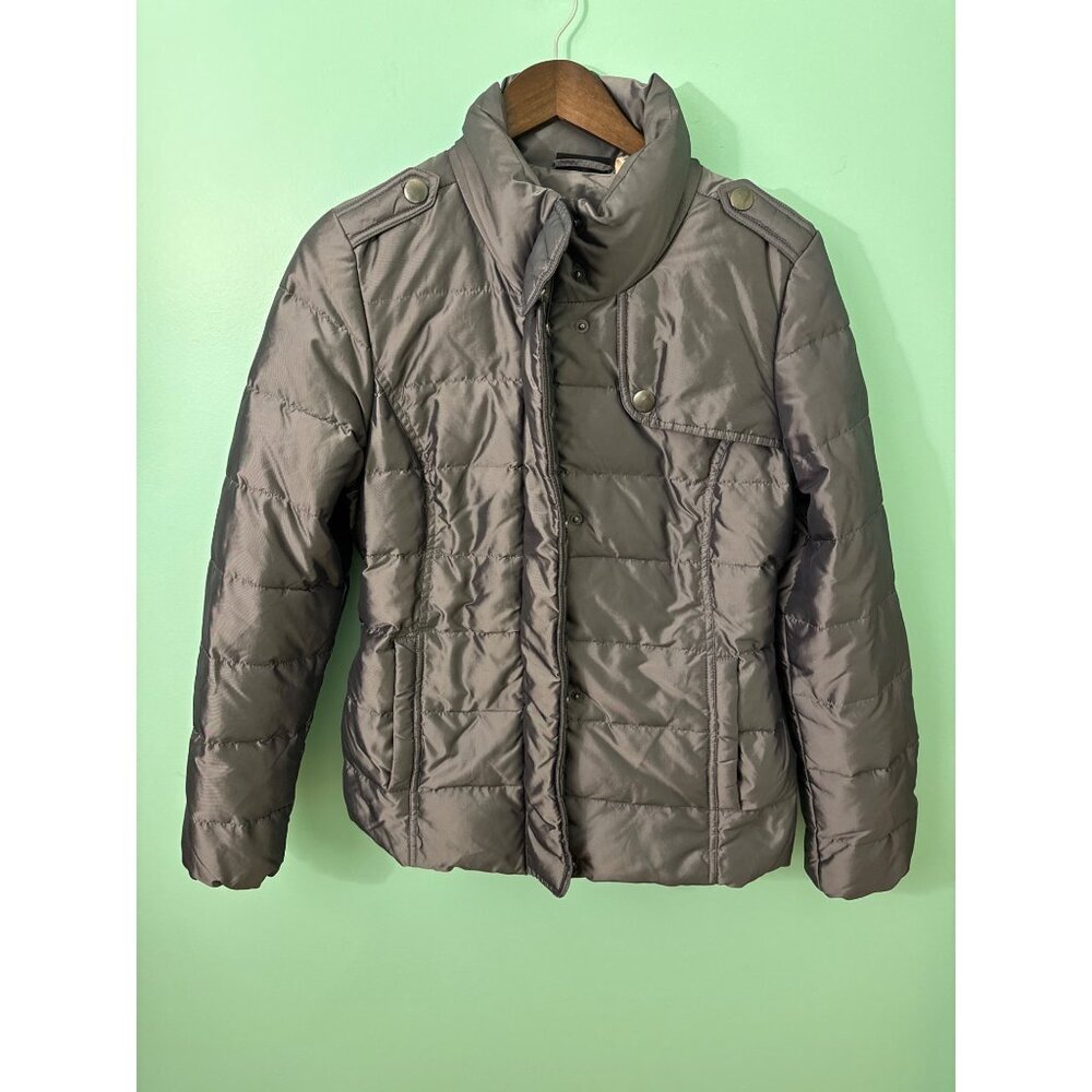 DKNY Womens Gray Quilted Puffer Jacket With Snap & Zipper Closure - Size L